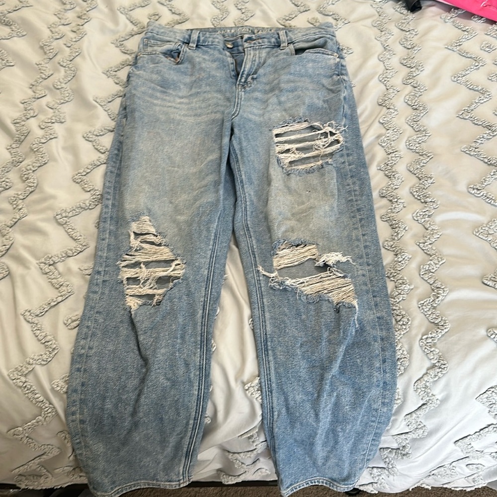 AE stretch curvy mom jeans ripped
